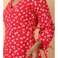 RY Wrap Red Floral printed V-neck mini dress for Casual/gift for her