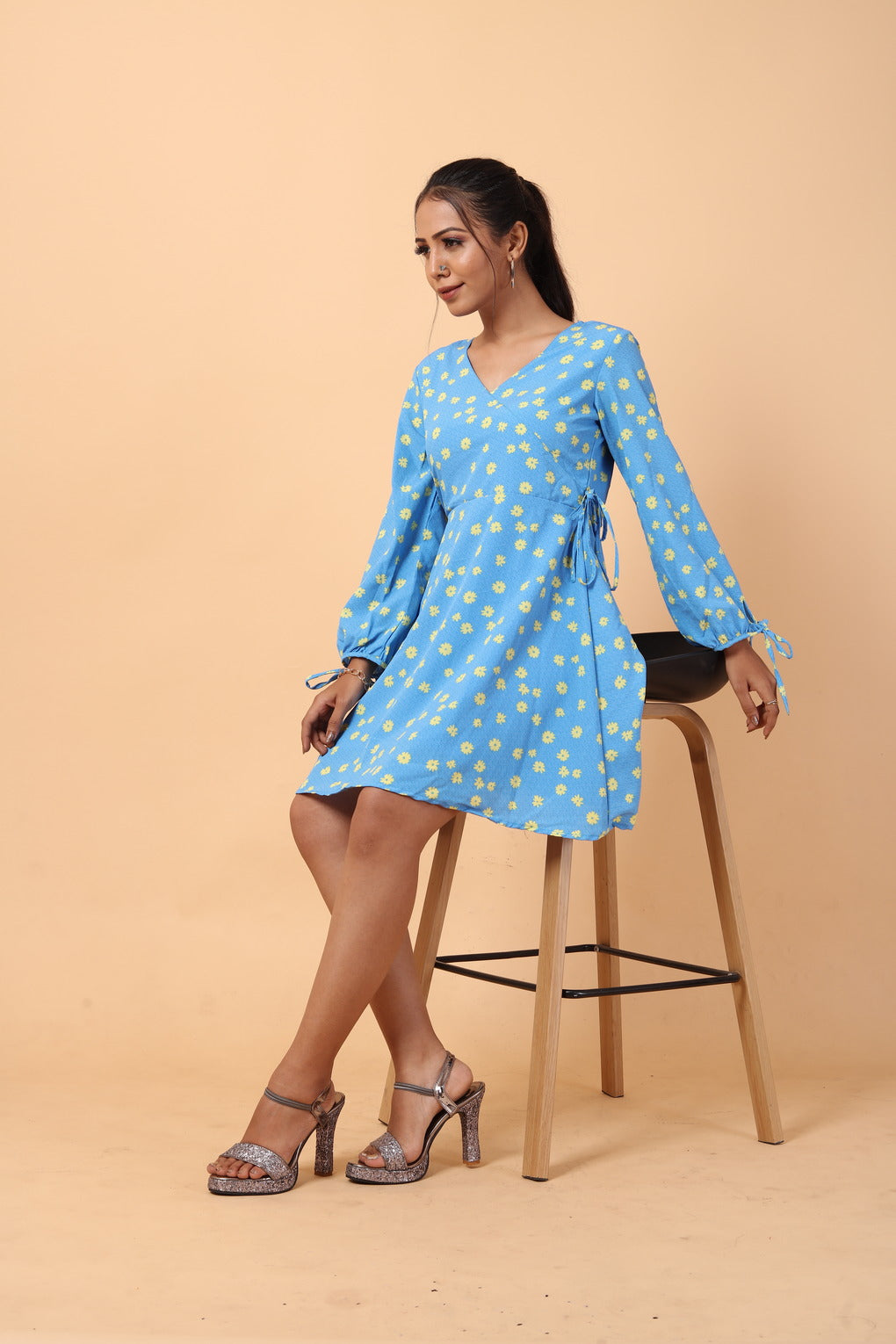 RY Wrap Sky Yellow Floral printed V-neck mini dress for Casual/gift for her