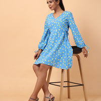 RY Wrap Sky Yellow Floral printed V-neck mini dress for Casual/gift for her