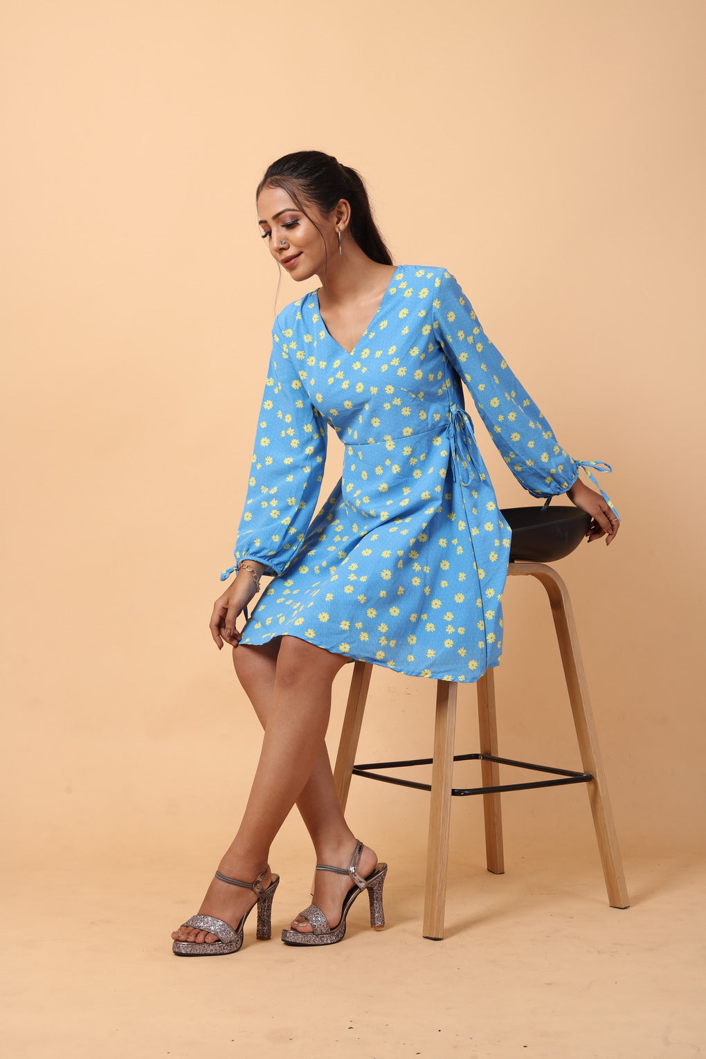 RY Wrap Sky Yellow Floral printed V-neck mini dress for Casual/gift for her
