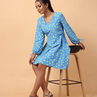 RY Wrap Sky Yellow Floral printed V-neck mini dress for Casual/gift for her