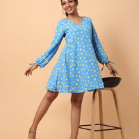 RY Wrap Sky Yellow Floral printed V-neck mini dress for Casual/gift for her