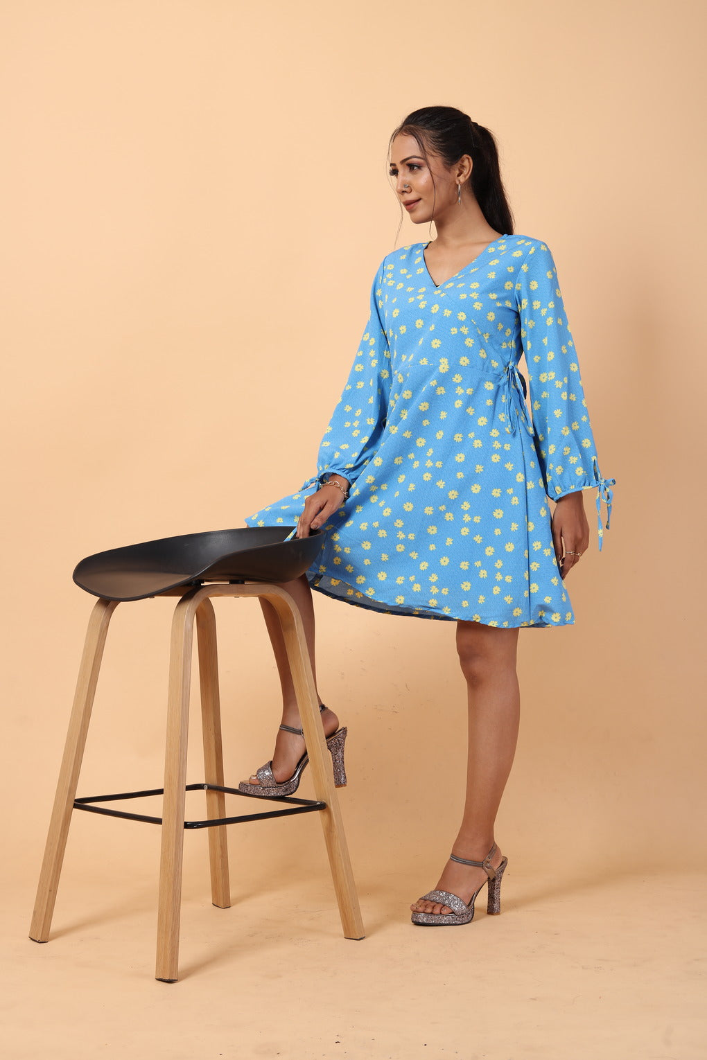 RY Wrap Sky Yellow Floral printed V-neck mini dress for Casual/gift for her