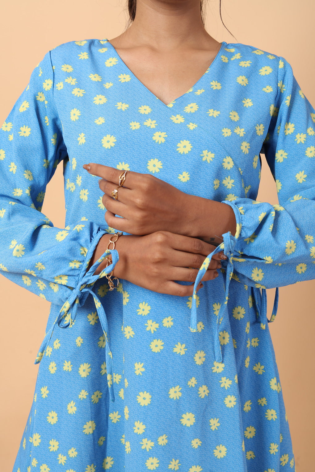 RY Wrap Sky Yellow Floral printed V-neck mini dress for Casual/gift for her