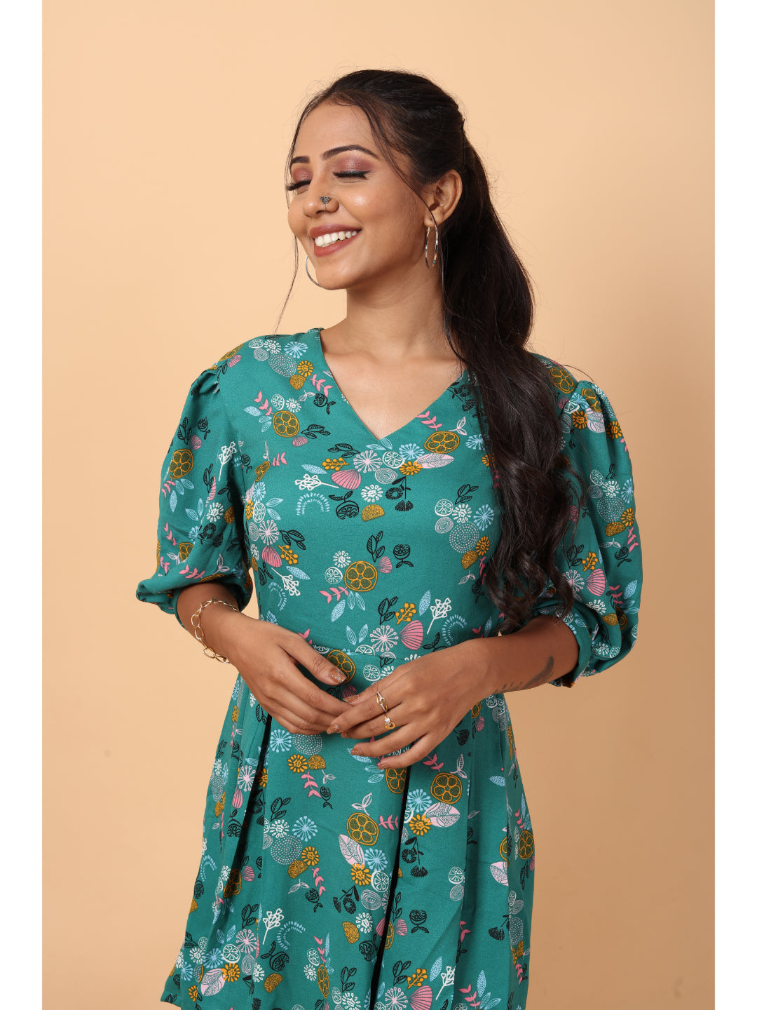 RY Green printed V-neck Fit & Flare Box Pleat mini dress for Casual/gift for her