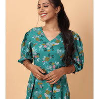 RY Green printed V-neck Fit & Flare Box Pleat mini dress for Casual/gift for her