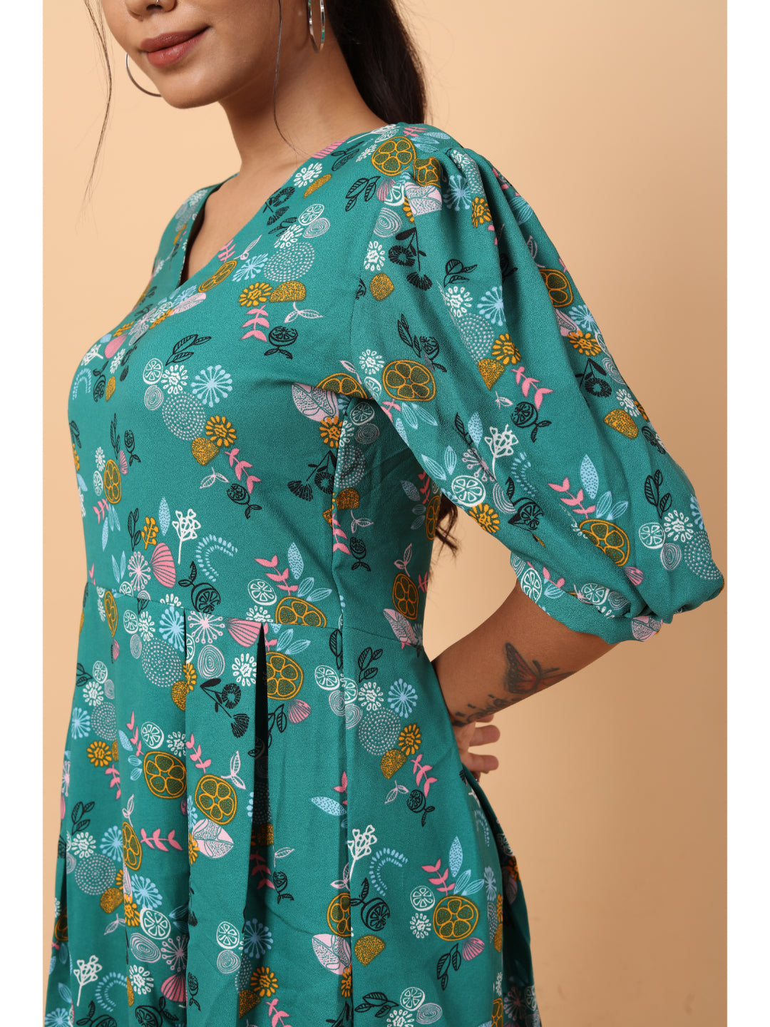 RY Green printed V-neck Fit & Flare Box Pleat mini dress for Casual/gift for her