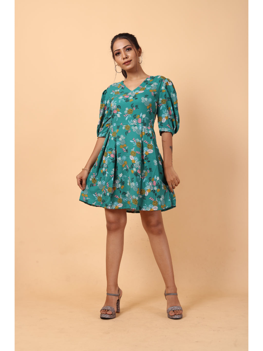 RY Green printed V-neck Fit & Flare Box Pleat mini dress for Casual/gift for her
