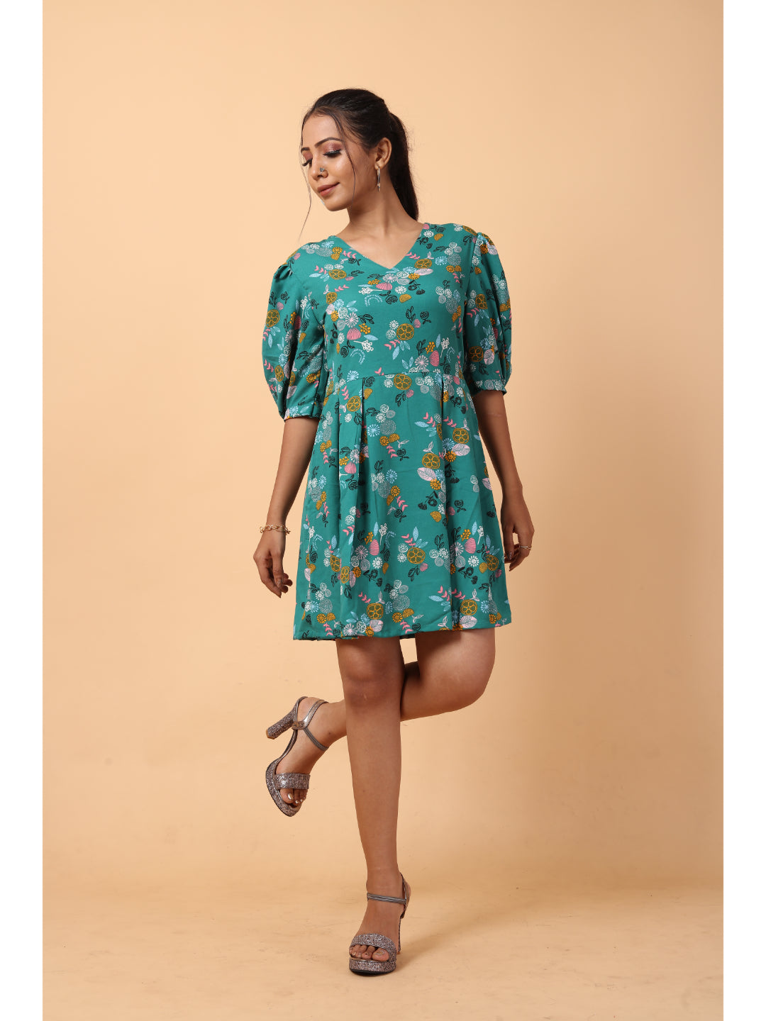 RY Green printed V-neck Fit & Flare Box Pleat mini dress for Casual/gift for her