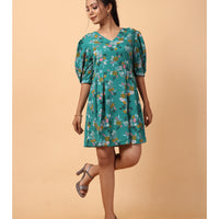 RY Green printed V-neck Fit & Flare Box Pleat mini dress for Casual/gift for her