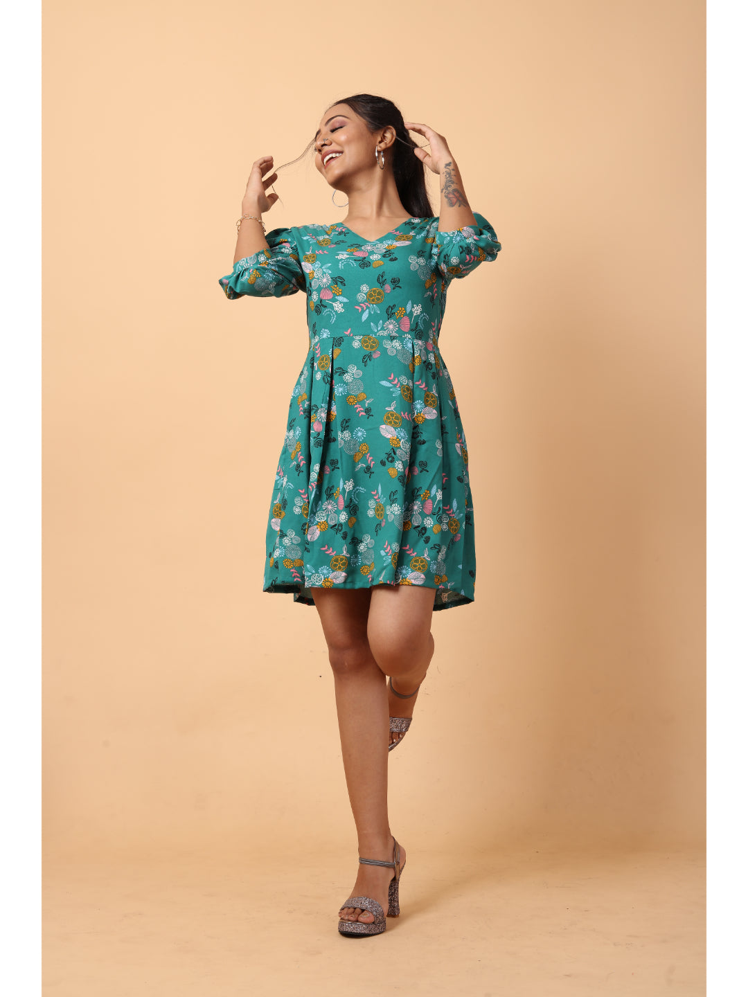 RY Green printed V-neck Fit & Flare Box Pleat mini dress for Casual/gift for her