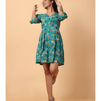 RY Green printed V-neck Fit & Flare Box Pleat mini dress for Casual/gift for her