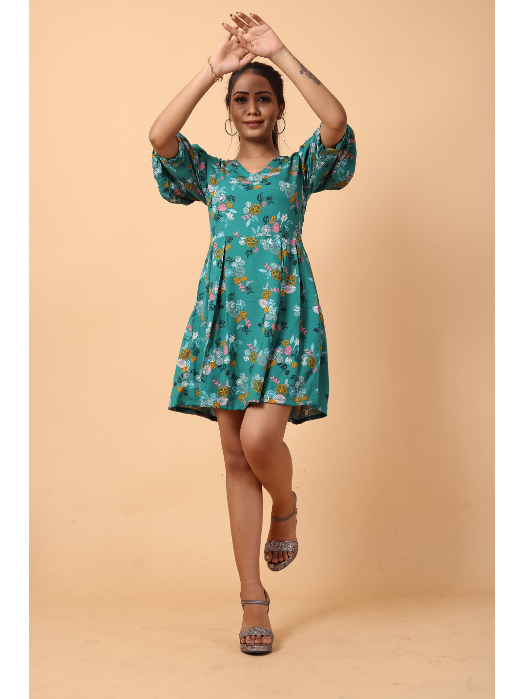 RY Green printed V-neck Fit & Flare Box Pleat mini dress for Casual/gift for her