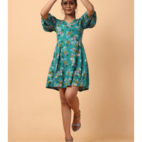 RY Green printed V-neck Fit & Flare Box Pleat mini dress for Casual/gift for her