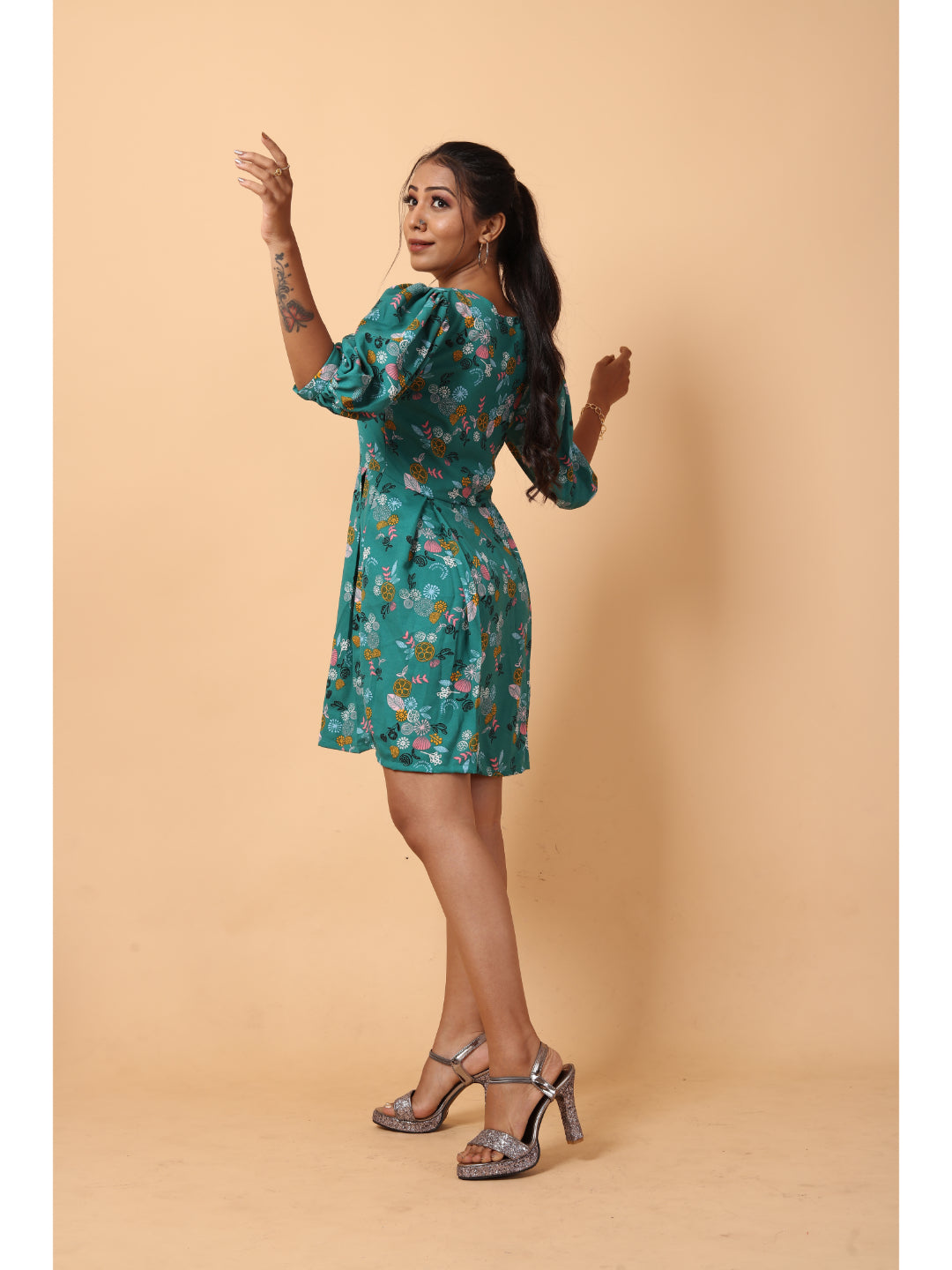 RY Green printed V-neck Fit & Flare Box Pleat mini dress for Casual/gift for her