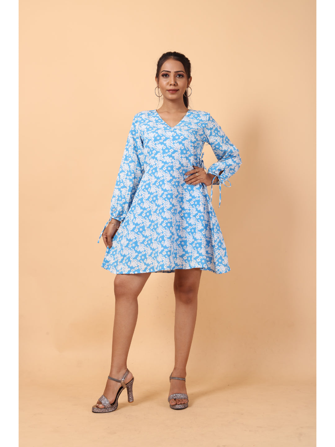 RY Wrap Light Sky Floral printed V-neck mini dress for Casual/gift for her
