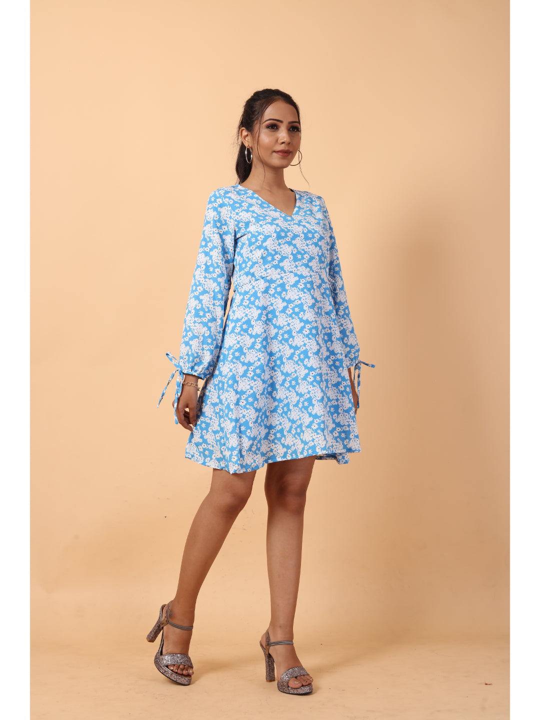 RY Wrap Light Sky Floral printed V-neck mini dress for Casual/gift for her