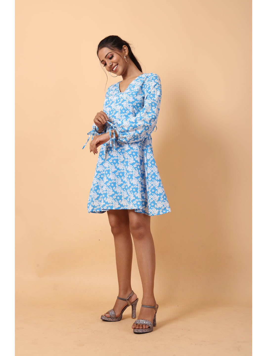 RY Wrap Light Sky Floral printed V-neck mini dress for Casual/gift for her