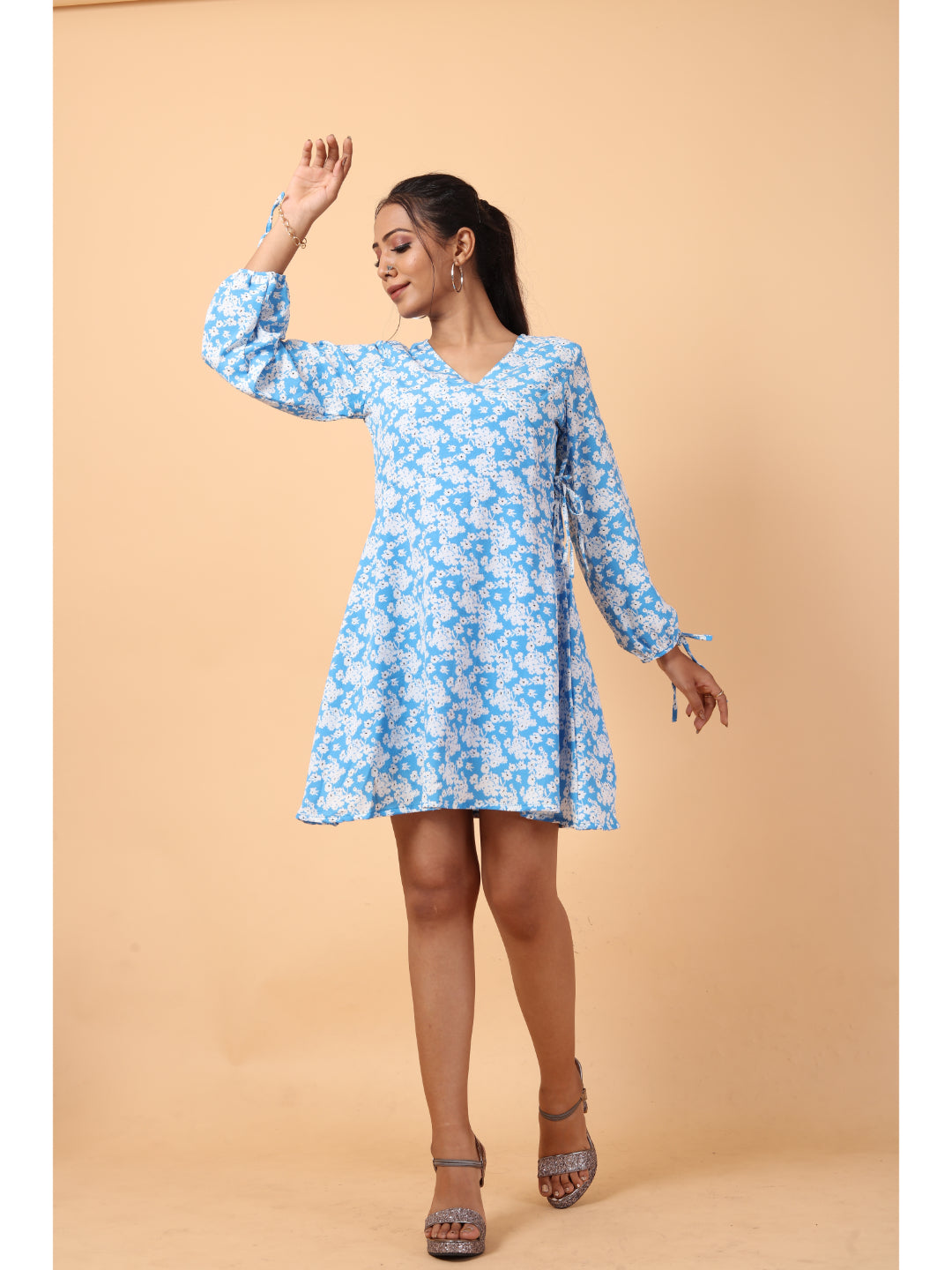 RY Wrap Light Sky Floral printed V-neck mini dress for Casual/gift for her