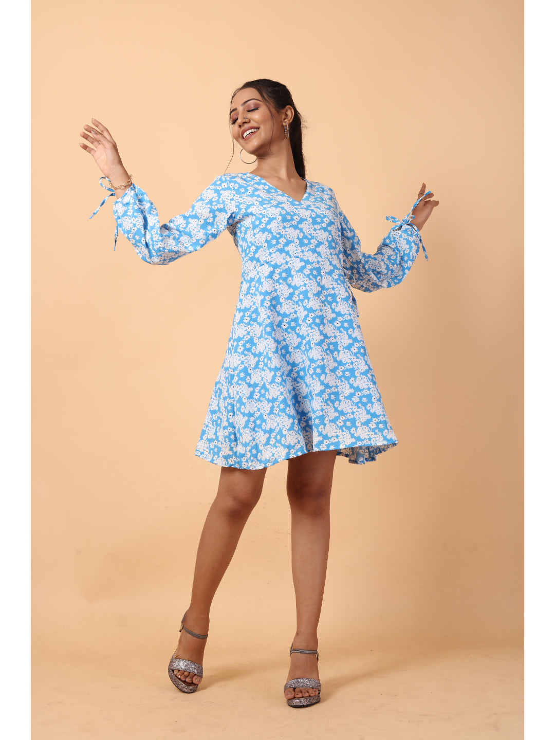 RY Wrap Light Sky Floral printed V-neck mini dress for Casual/gift for her