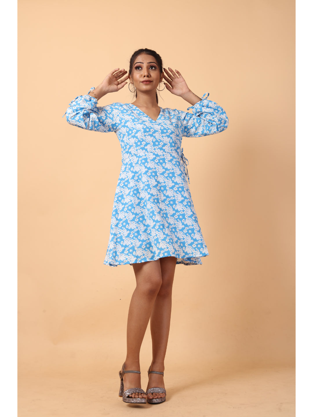 RY Wrap Light Sky Floral printed V-neck mini dress for Casual/gift for her