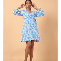 RY Wrap Light Sky Floral printed V-neck mini dress for Casual/gift for her