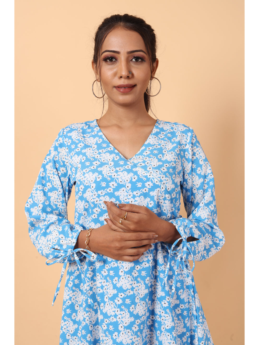 RY Wrap Light Sky Floral printed V-neck mini dress for Casual/gift for her