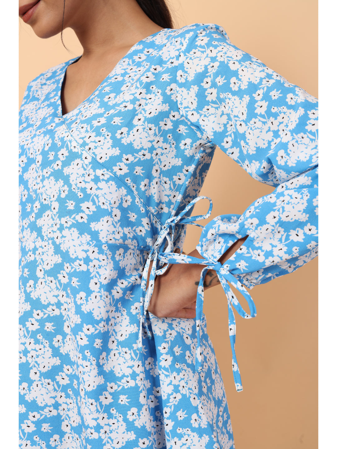 RY Wrap Light Sky Floral printed V-neck mini dress for Casual/gift for her