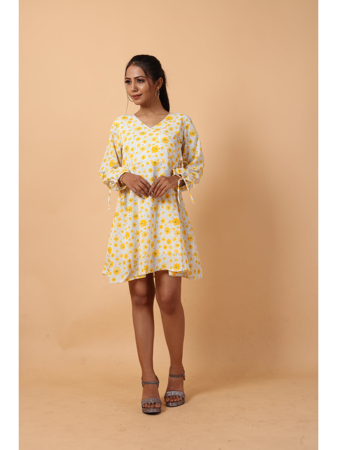 RY Wrap Light Yellow Floral printed V-neck mini dress for Casual/gift for her