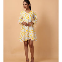 RY Wrap Light Yellow Floral printed V-neck mini dress for Casual/gift for her