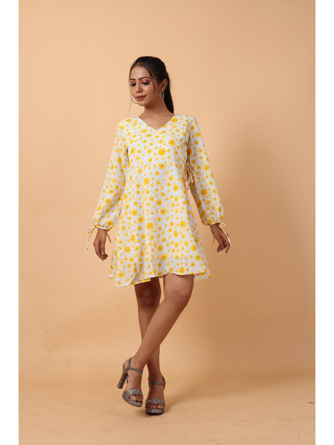 RY Wrap Light Yellow Floral printed V-neck mini dress for Casual/gift for her