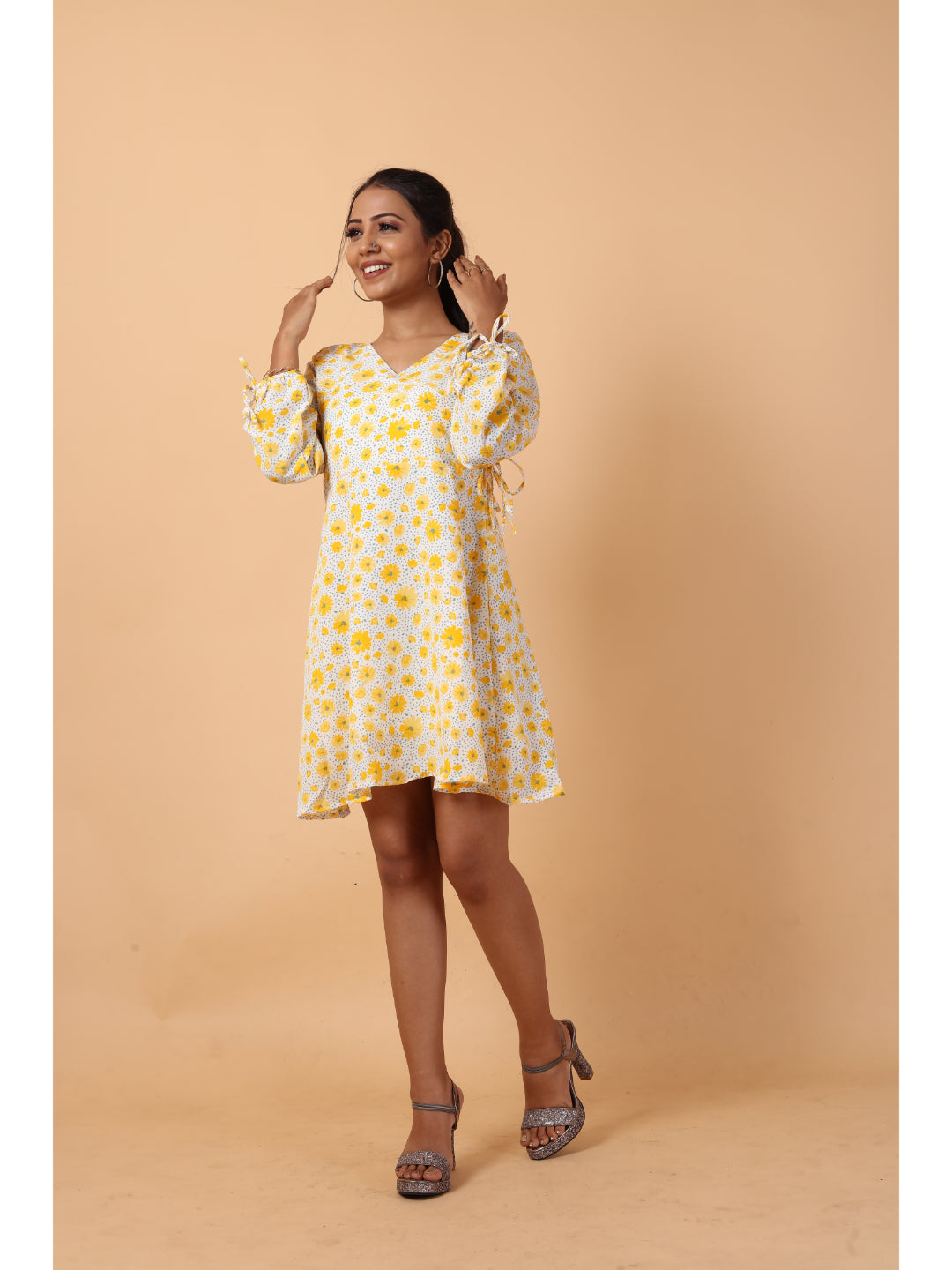 RY Wrap Light Yellow Floral printed V-neck mini dress for Casual/gift for her