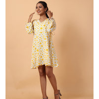 RY Wrap Light Yellow Floral printed V-neck mini dress for Casual/gift for her