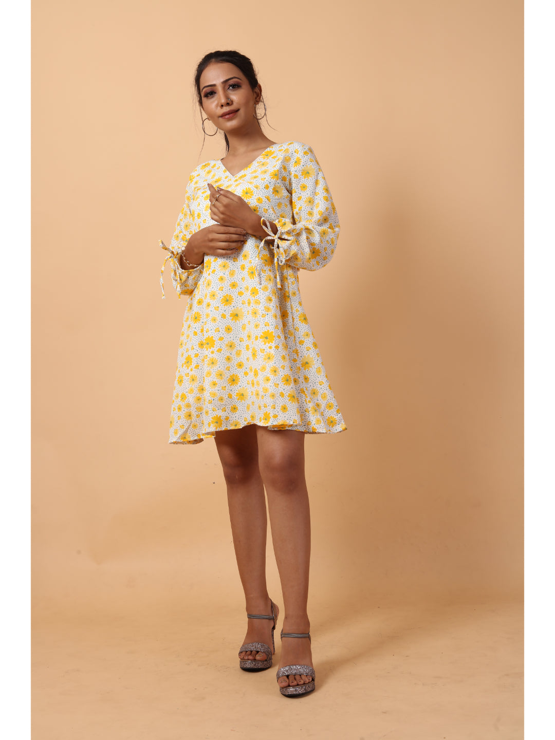 RY Wrap Light Yellow Floral printed V-neck mini dress for Casual/gift for her