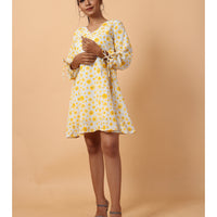 RY Wrap Light Yellow Floral printed V-neck mini dress for Casual/gift for her