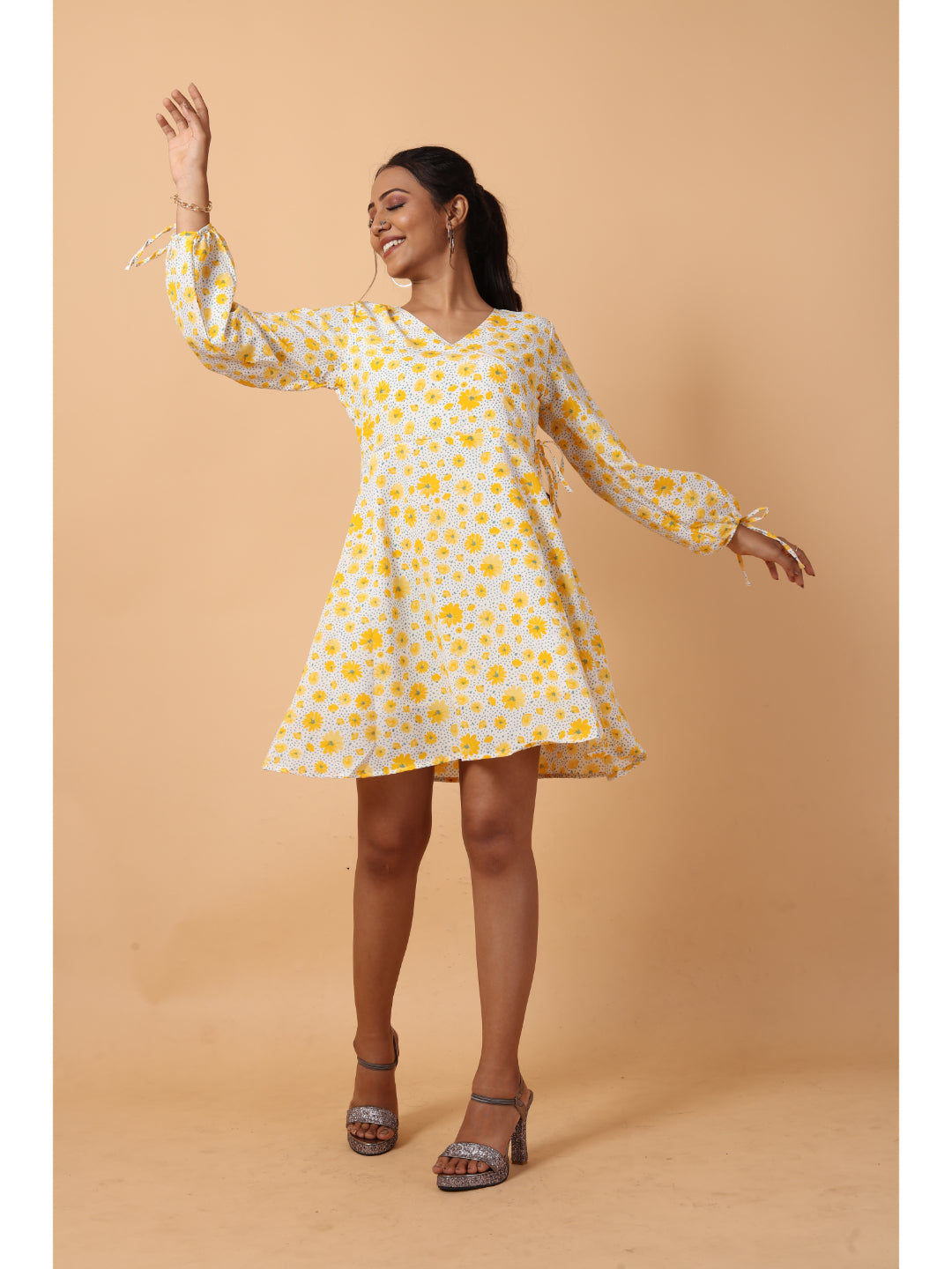 RY Wrap Light Yellow Floral printed V-neck mini dress for Casual/gift for her