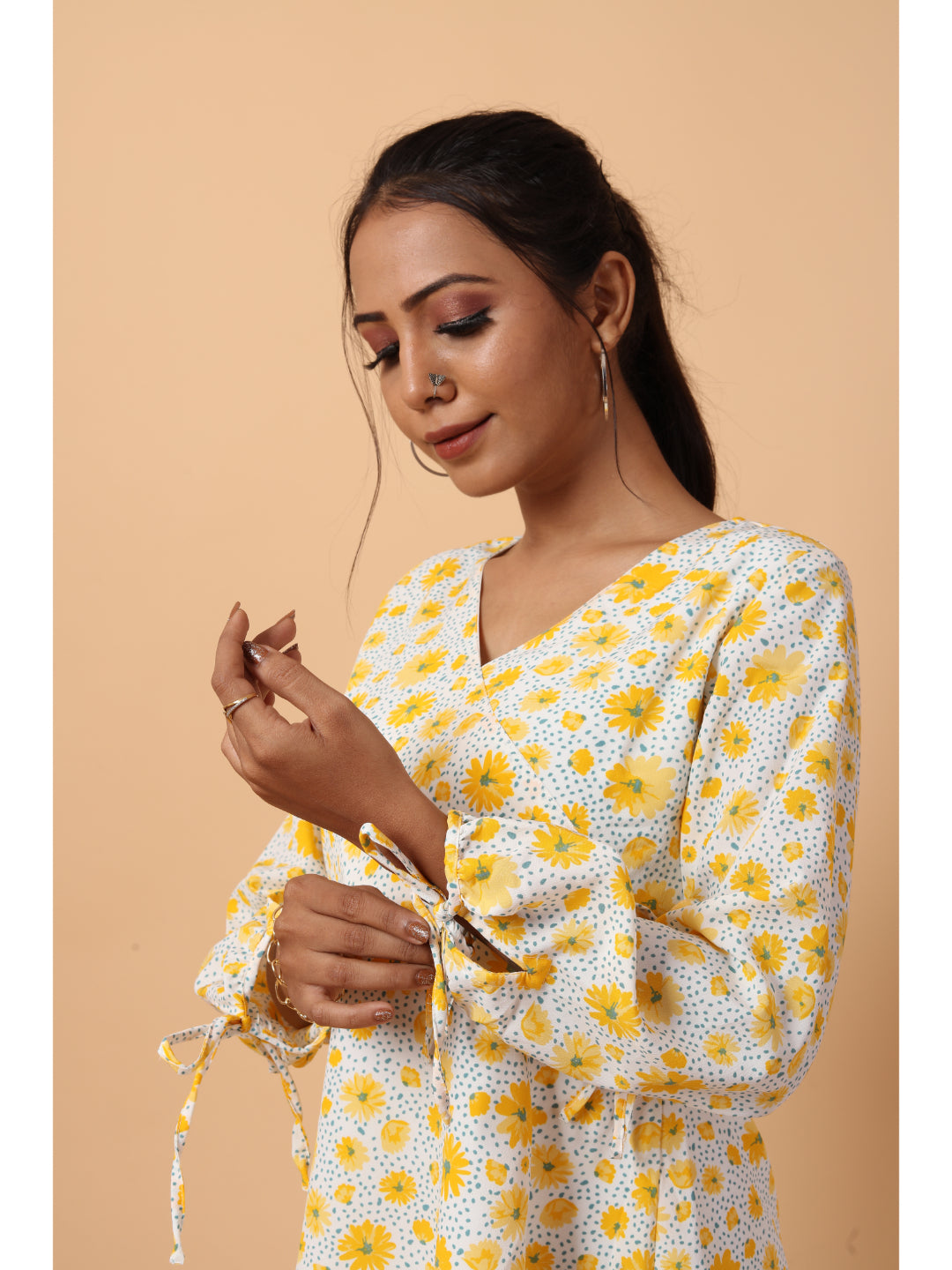 RY Wrap Light Yellow Floral printed V-neck mini dress for Casual/gift for her