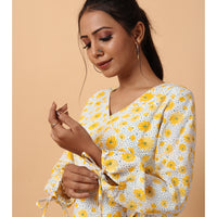 RY Wrap Light Yellow Floral printed V-neck mini dress for Casual/gift for her