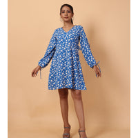 RY Wrap Blue Floral printed V-neck mini dress for Casual/gift for her