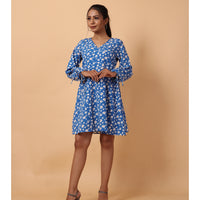 RY Wrap Blue Floral printed V-neck mini dress for Casual/gift for her