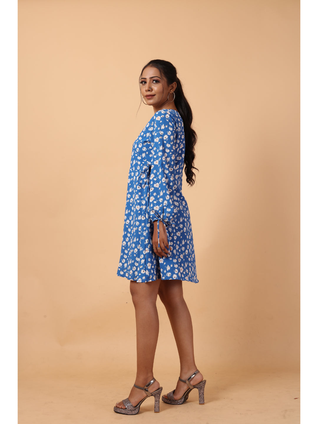 RY Wrap Blue Floral printed V-neck mini dress for Casual/gift for her