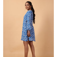 RY Wrap Blue Floral printed V-neck mini dress for Casual/gift for her