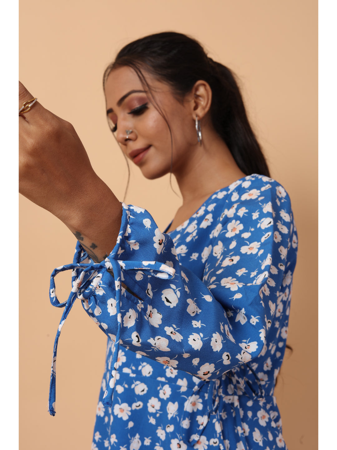 RY Wrap Blue Floral printed V-neck mini dress for Casual/gift for her