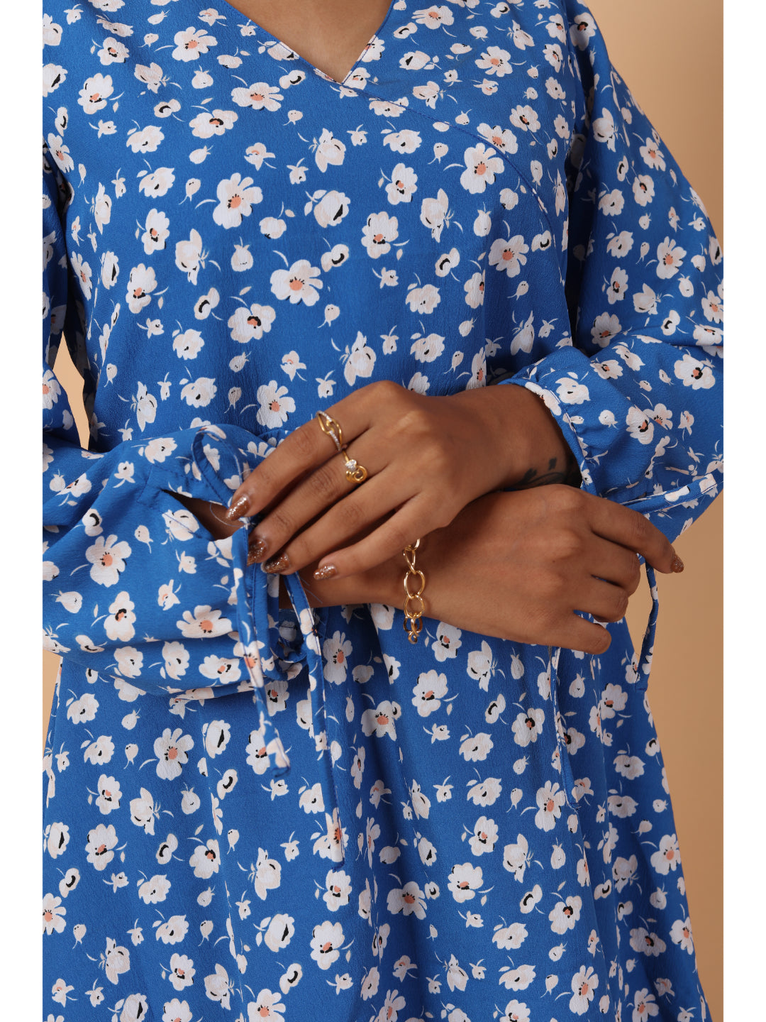 RY Wrap Blue Floral printed V-neck mini dress for Casual/gift for her