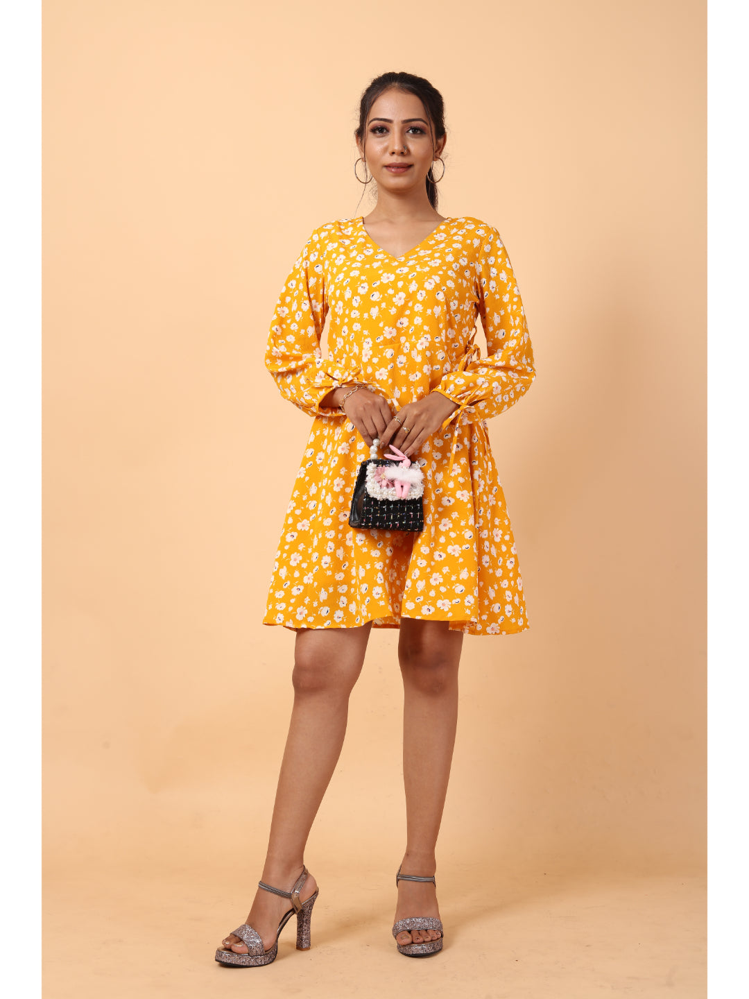 RY Wrap Yellow Floral printed V-neck mini dress for Casual/gift for her