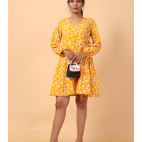 RY Wrap Yellow Floral printed V-neck mini dress for Casual/gift for her