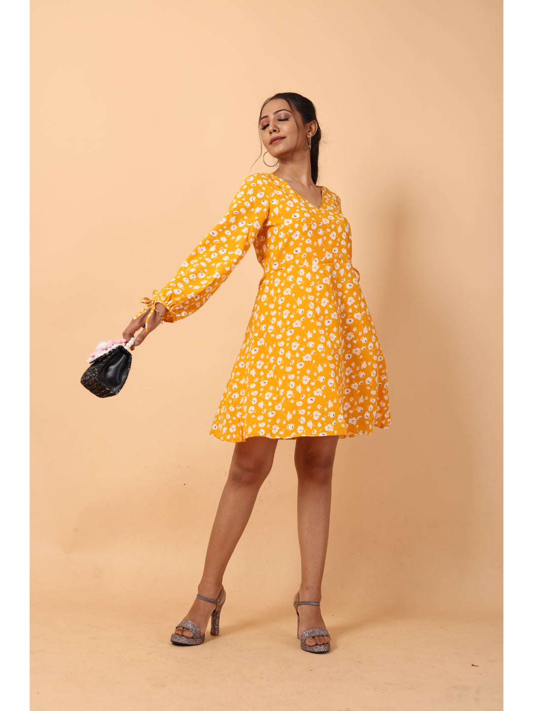 RY Wrap Yellow Floral printed V-neck mini dress for Casual/gift for her