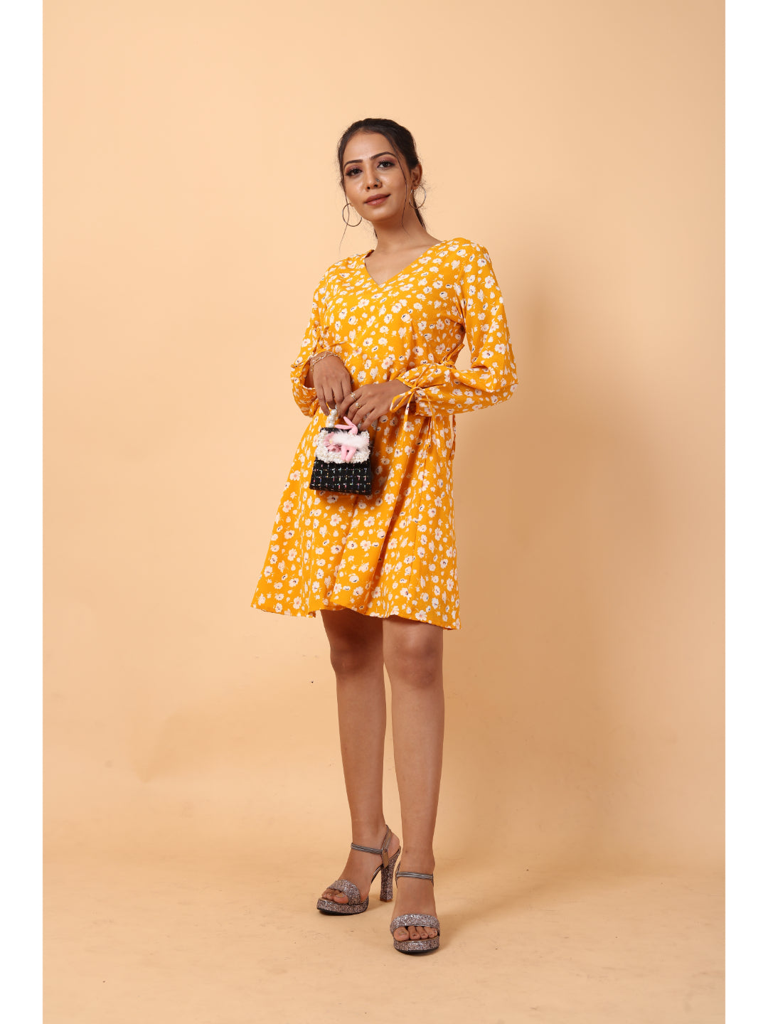 RY Wrap Yellow Floral printed V-neck mini dress for Casual/gift for her