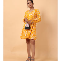 RY Wrap Yellow Floral printed V-neck mini dress for Casual/gift for her