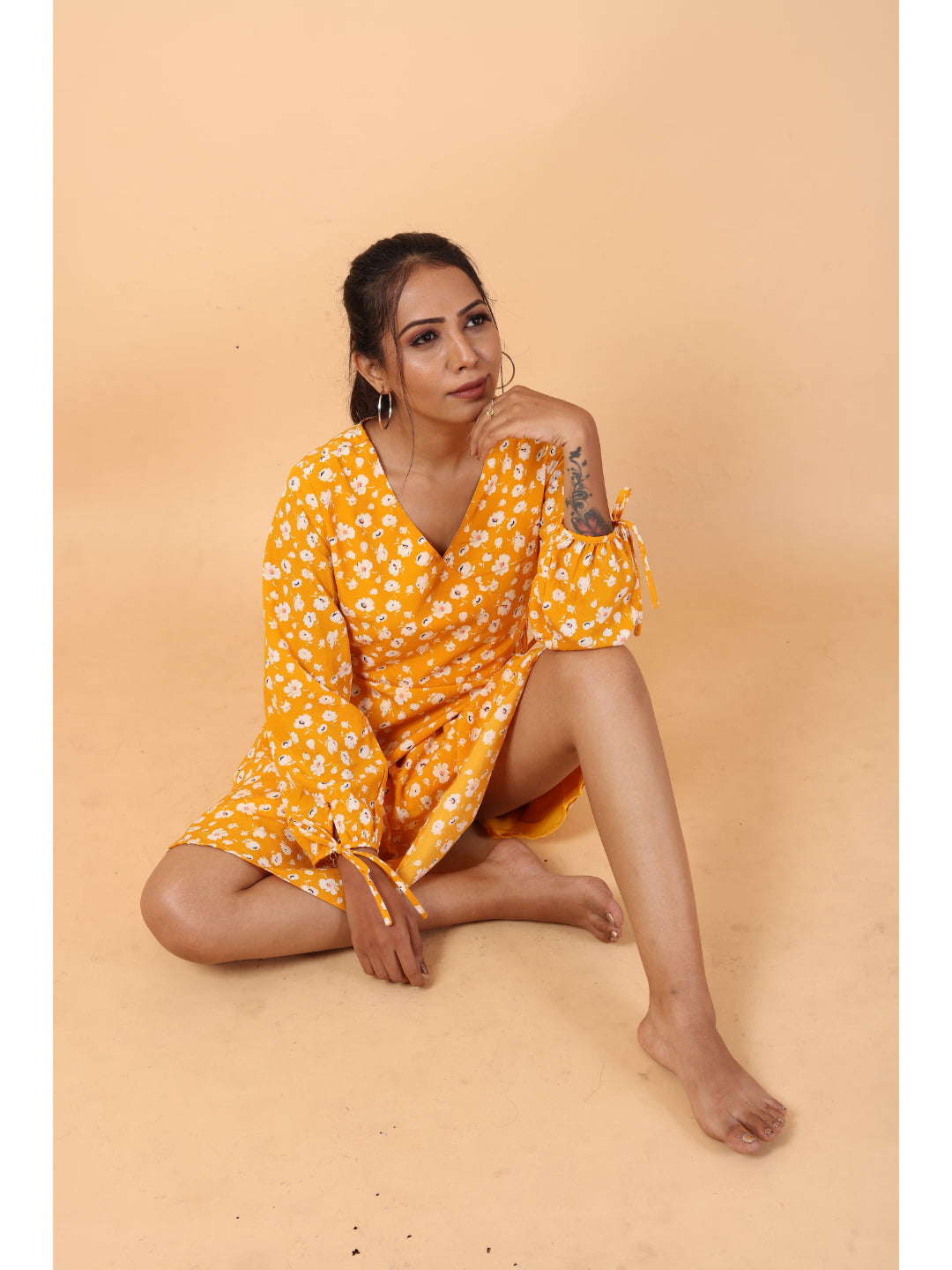 RY Wrap Yellow Floral printed V-neck mini dress for Casual/gift for her